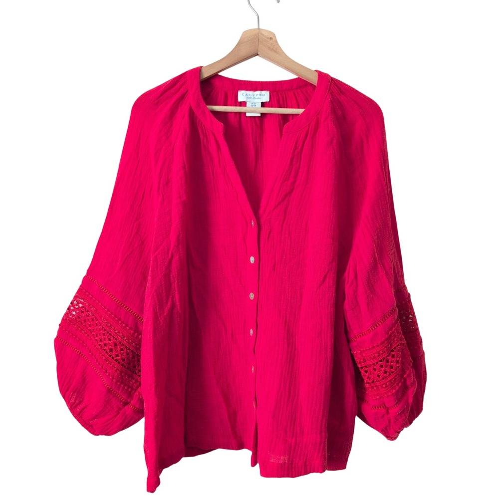 Calypso St Barth Magenta Red 100% Cotton Gauze Crochet Balloon Sleeve Blouse 1X